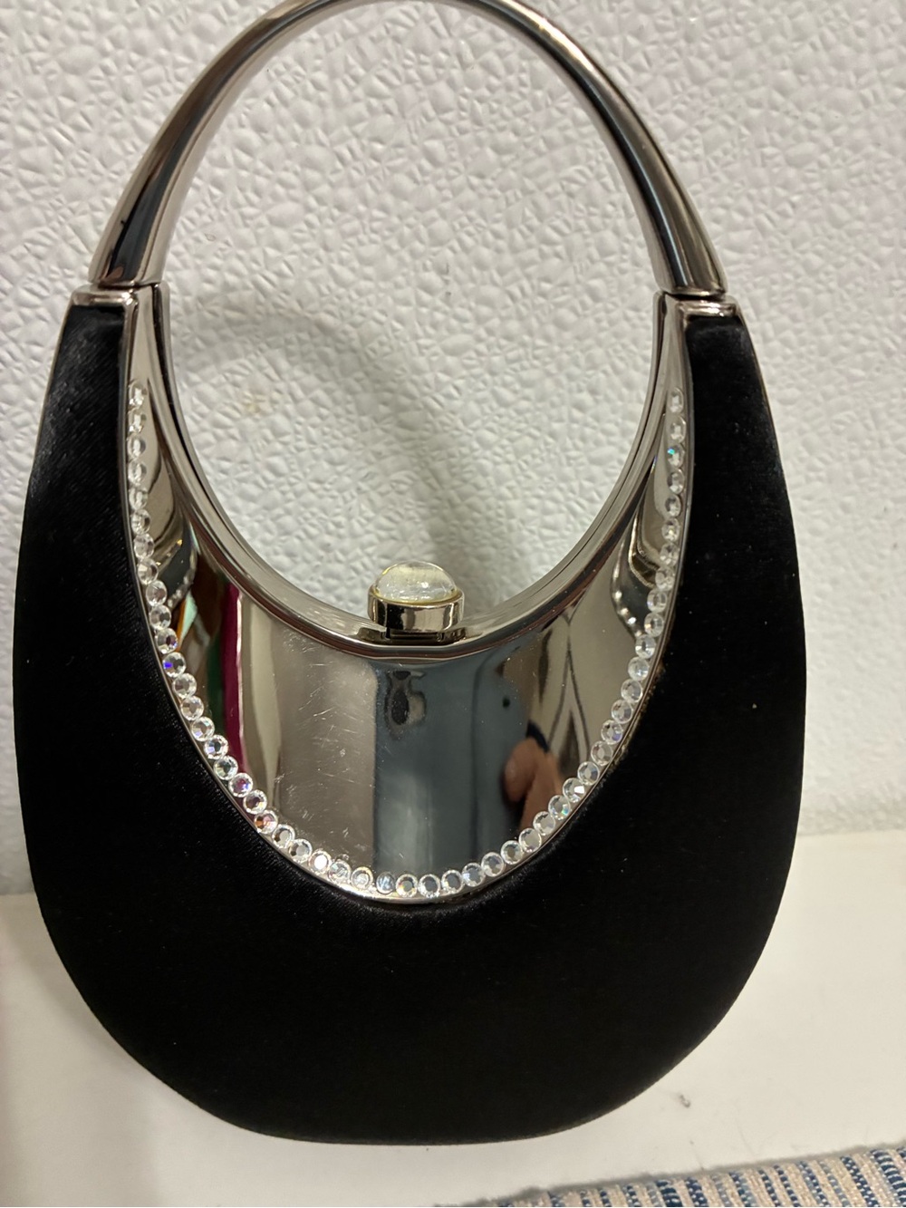 La Regale Elegant Black SatinEvening Handbag with Silver Accents & Rhinestones